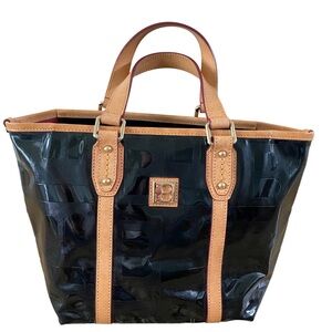 Bally black patent and tan leather zip top handbag tote bag